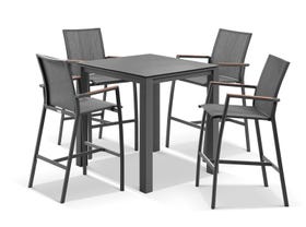 Adele Ceramic Bar Table with Sevilla Teak Bar Chairs - 5pc Outdoor Bar Setting