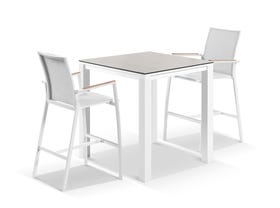 Adele Ceramic Bar Table with Sevilla Teak Bar Chairs - 3pc Outdoor Bar Setting