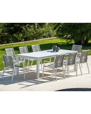 Danli Ceramic Table with Sevilla Rope  Chairs 9pc Outdoor Dining Setting