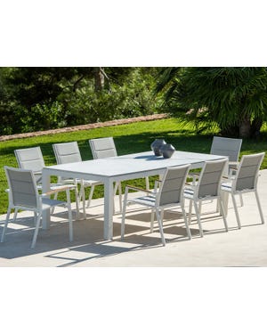 Danli Ceramic Table with Sevilla Teak Arm Chairs 9pc Outdoor Dining Setting